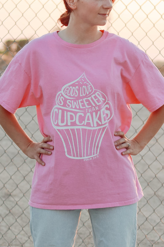 God’s Love is Sweeter Than Cupcakes t-shirt front view in pink