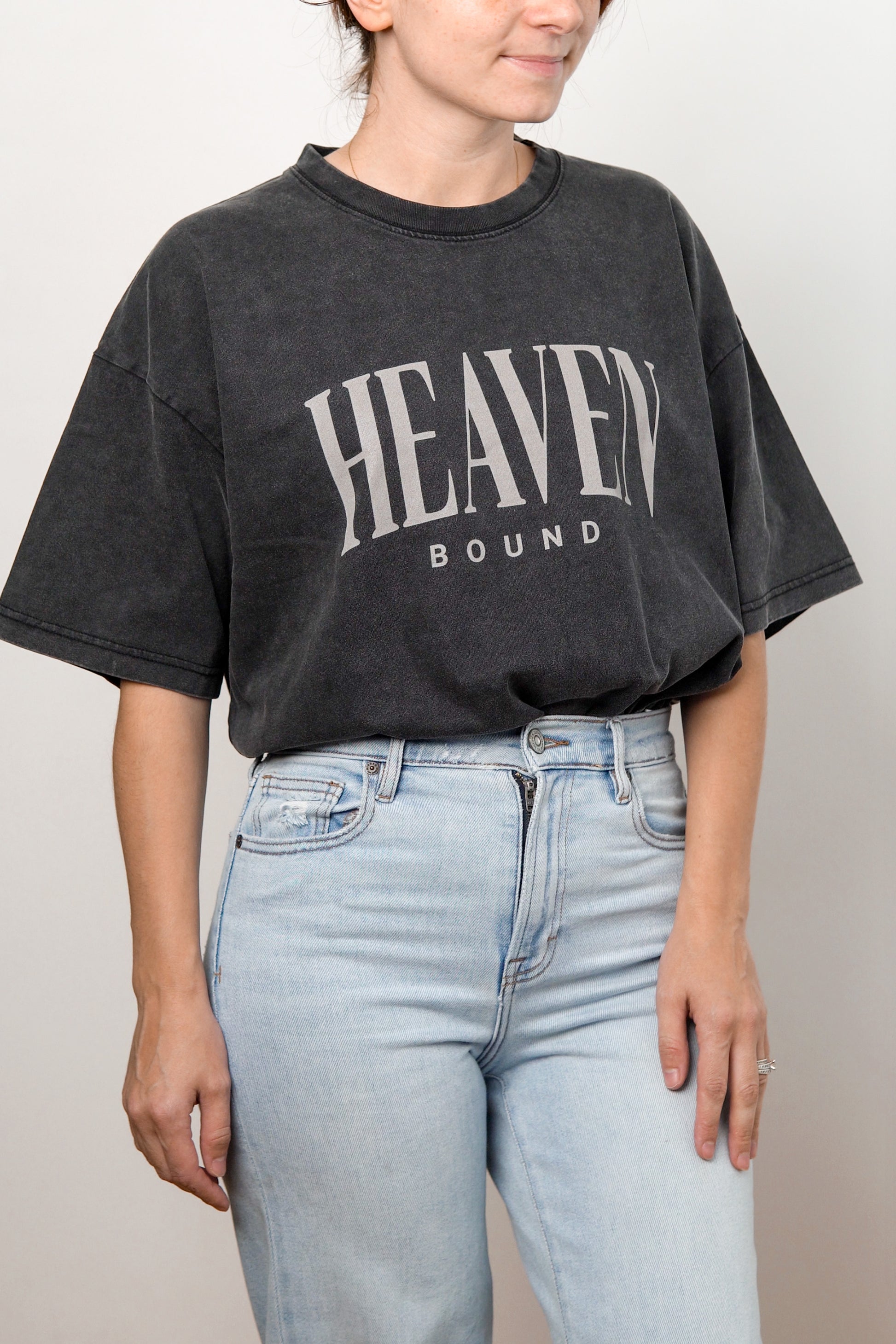 Model wearing oversized Heaven Bound Christian t-shirt