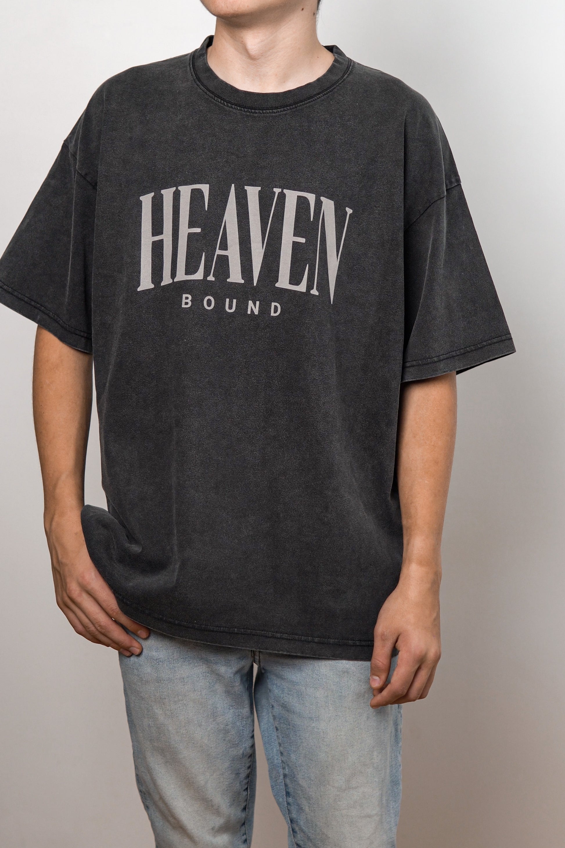 Model wearing oversized Heaven Bound Christian t-shirt