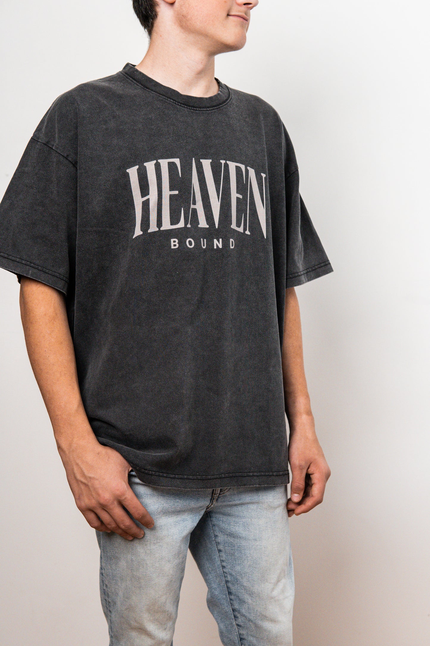 Model wearing oversized Heaven Bound Christian t-shirt