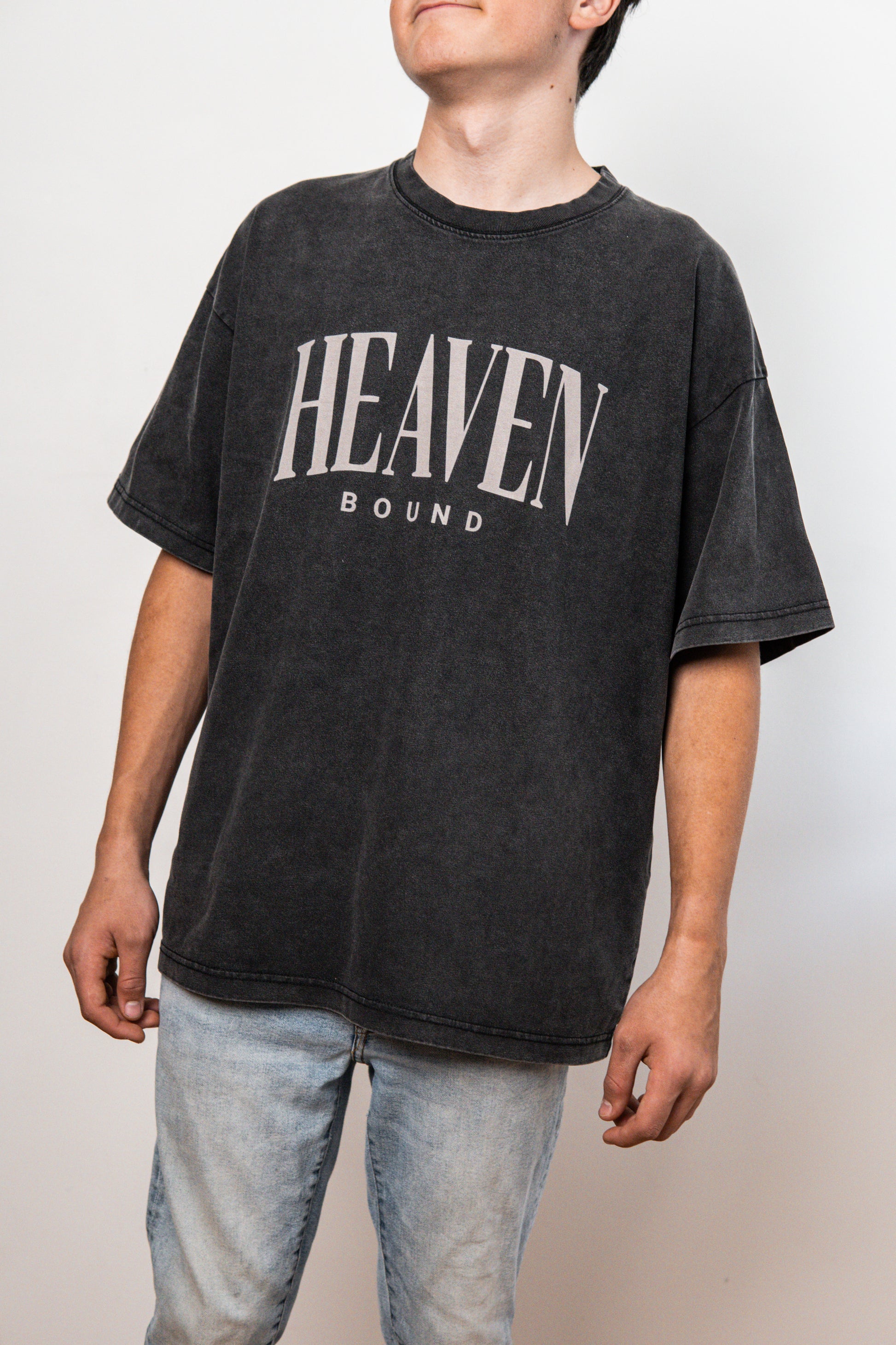 Model wearing oversized Heaven Bound Christian t-shirt