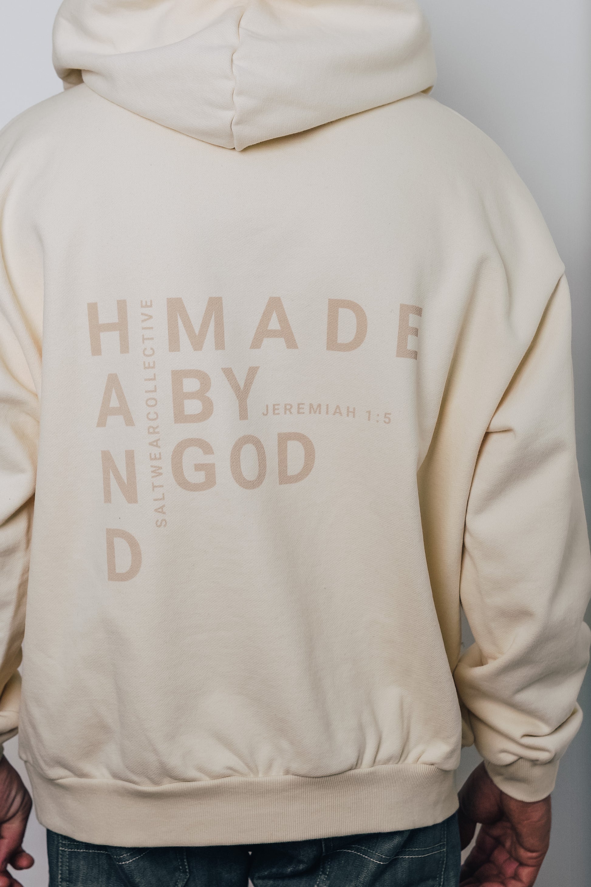 Heavyweight oversized hoodie back view - Made by God print