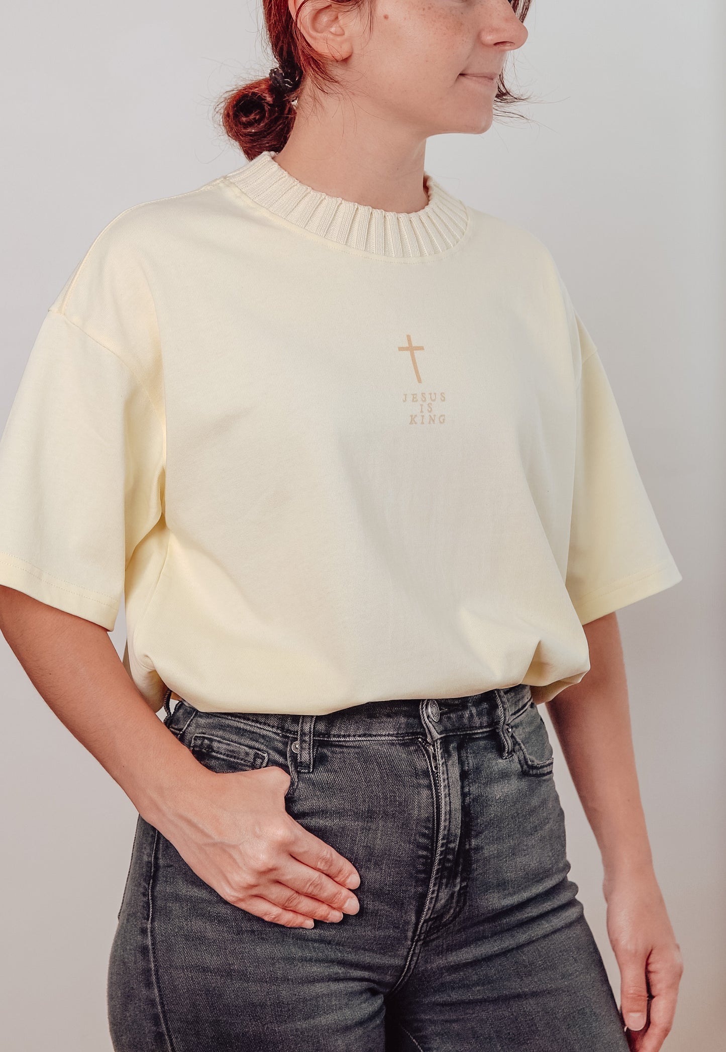 Buttercream Color Faith-Based T-Shirt - Jesus is King - knit collar
