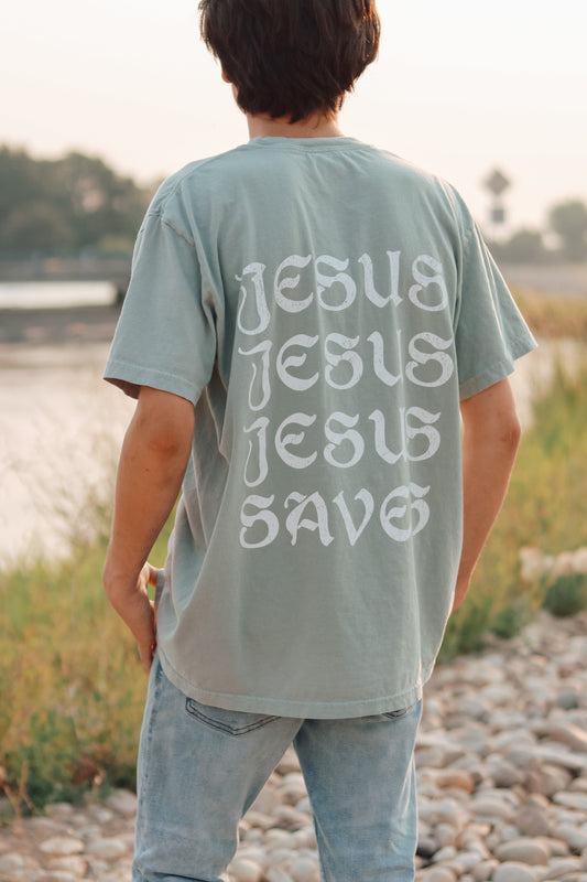 Person wearing Jesus Saves Aesthetic T-Shirt by Saltwear Collective, back view
