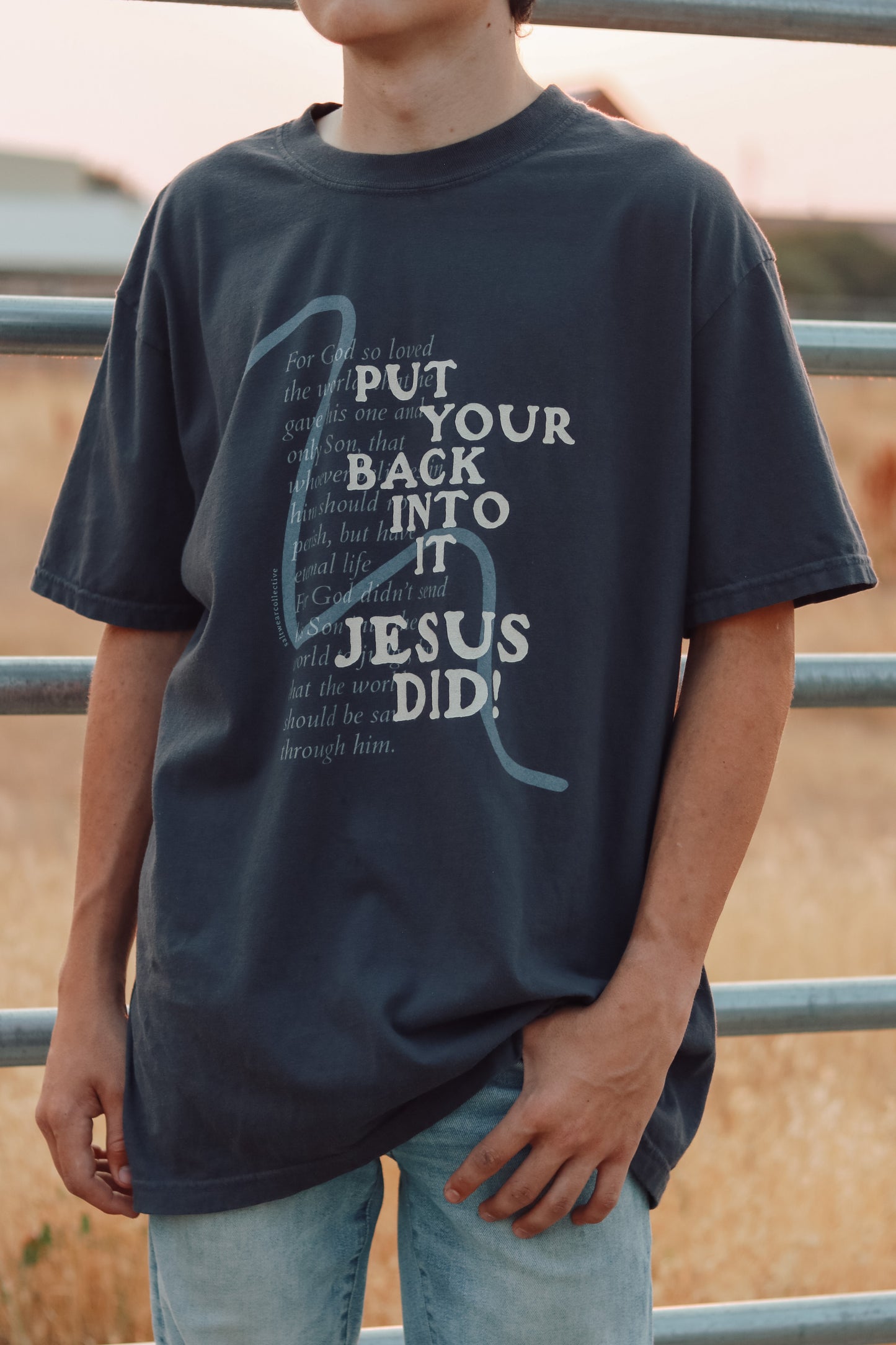 Christian faith-inspired graphic tee close-up