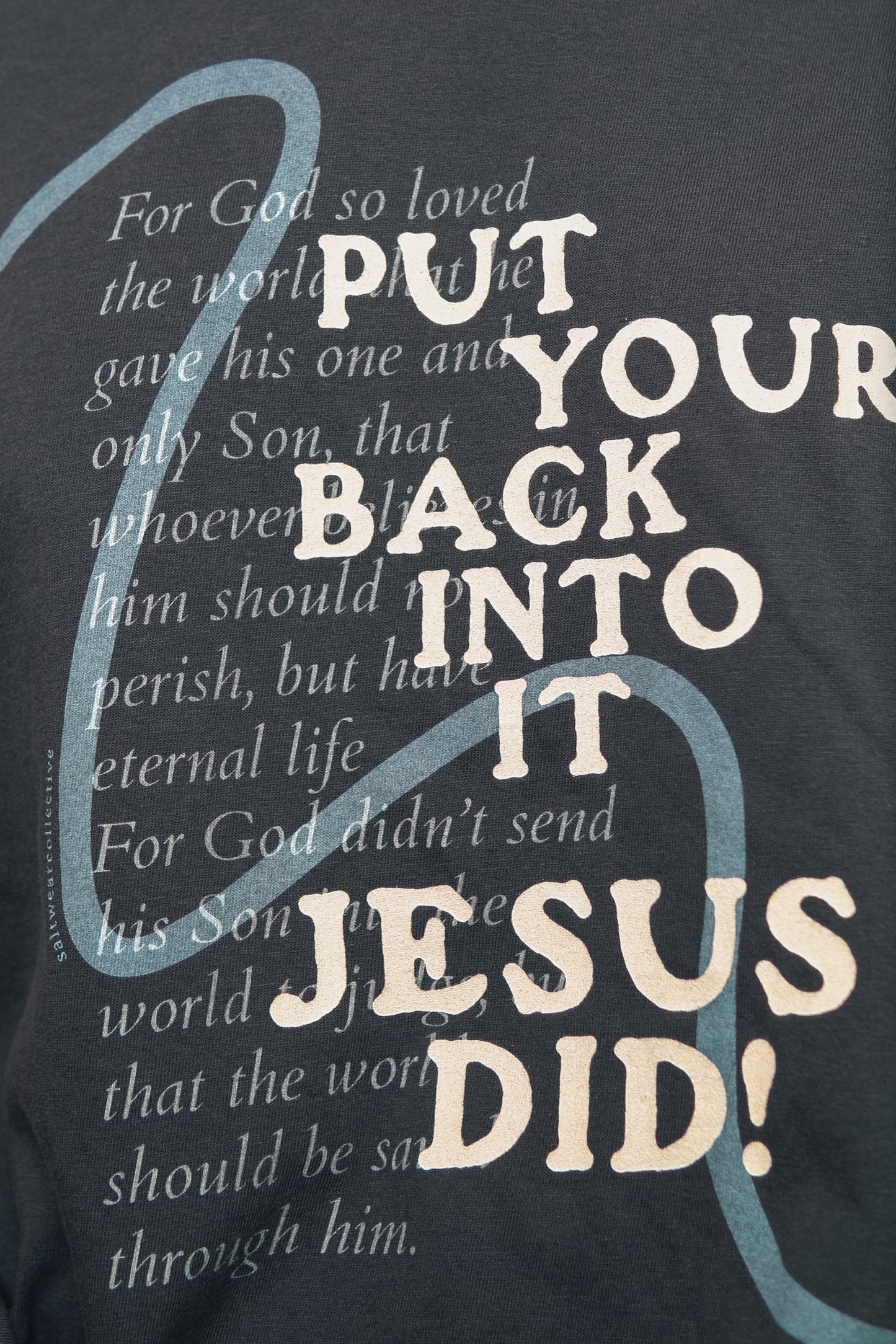 Christian faith-inspired graphic tee close-up