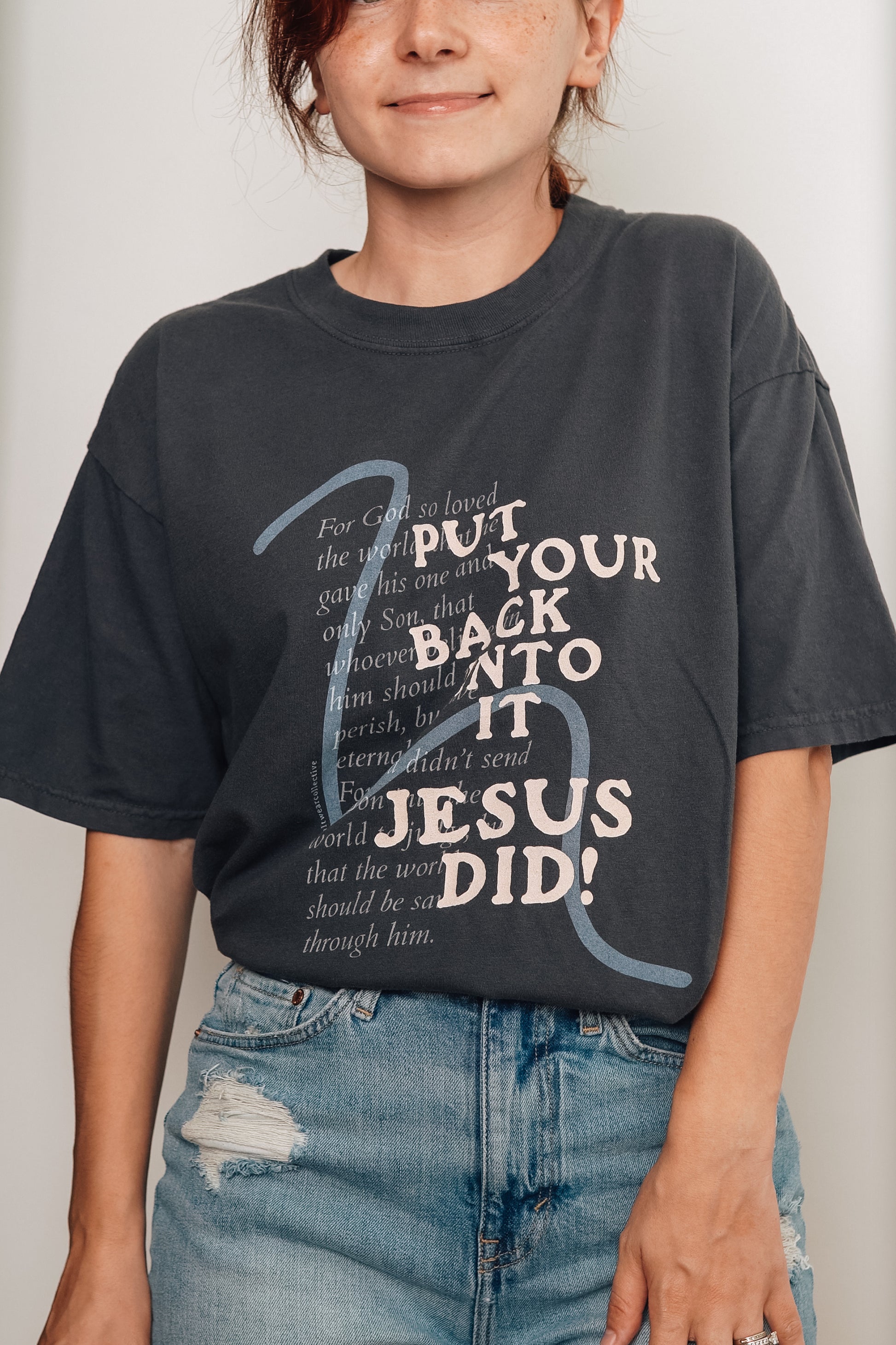 Christian faith-inspired graphic tee close-up