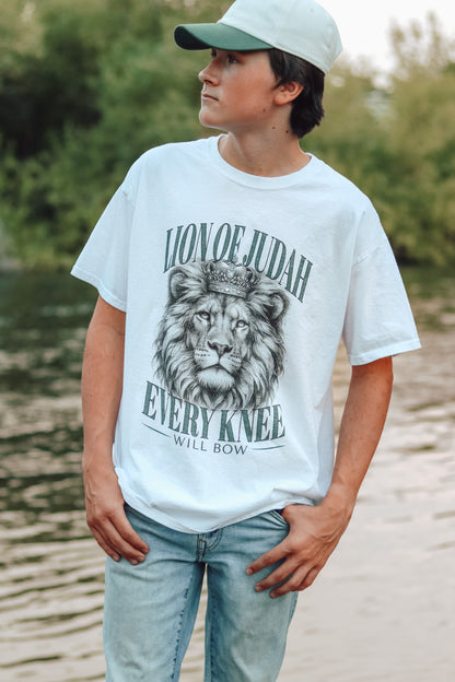 Lion of Judah T-Shirt with "Every Knee Will Bow" design