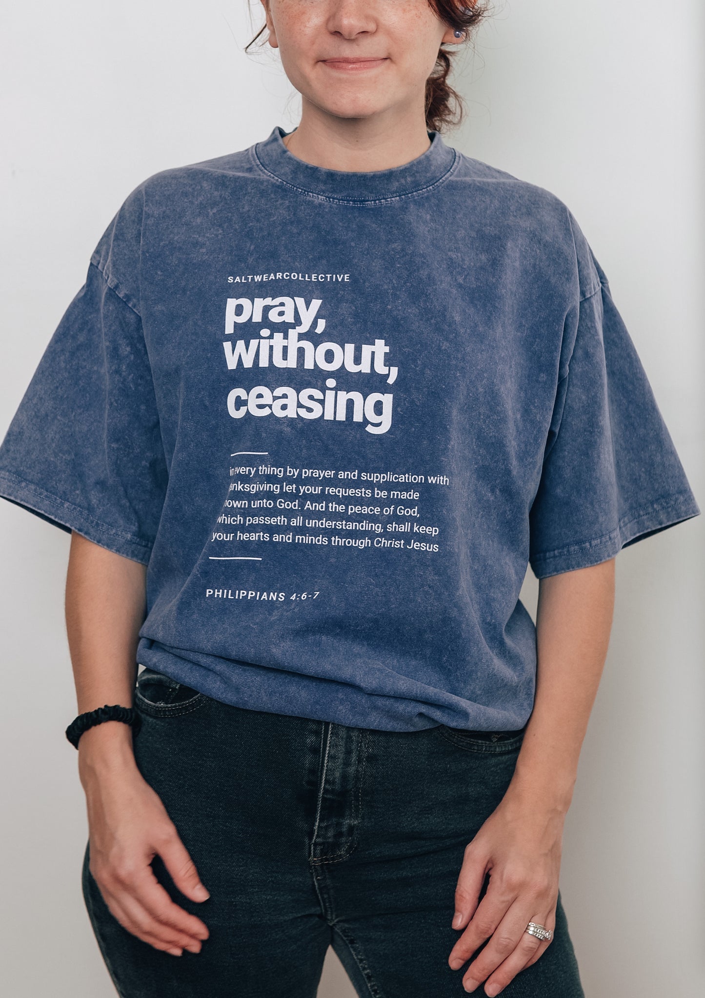 Close-up of Pray Without Ceasing Christian tee