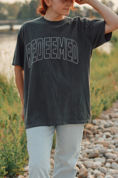 Redeemed varsity style vintage wash tee front view
