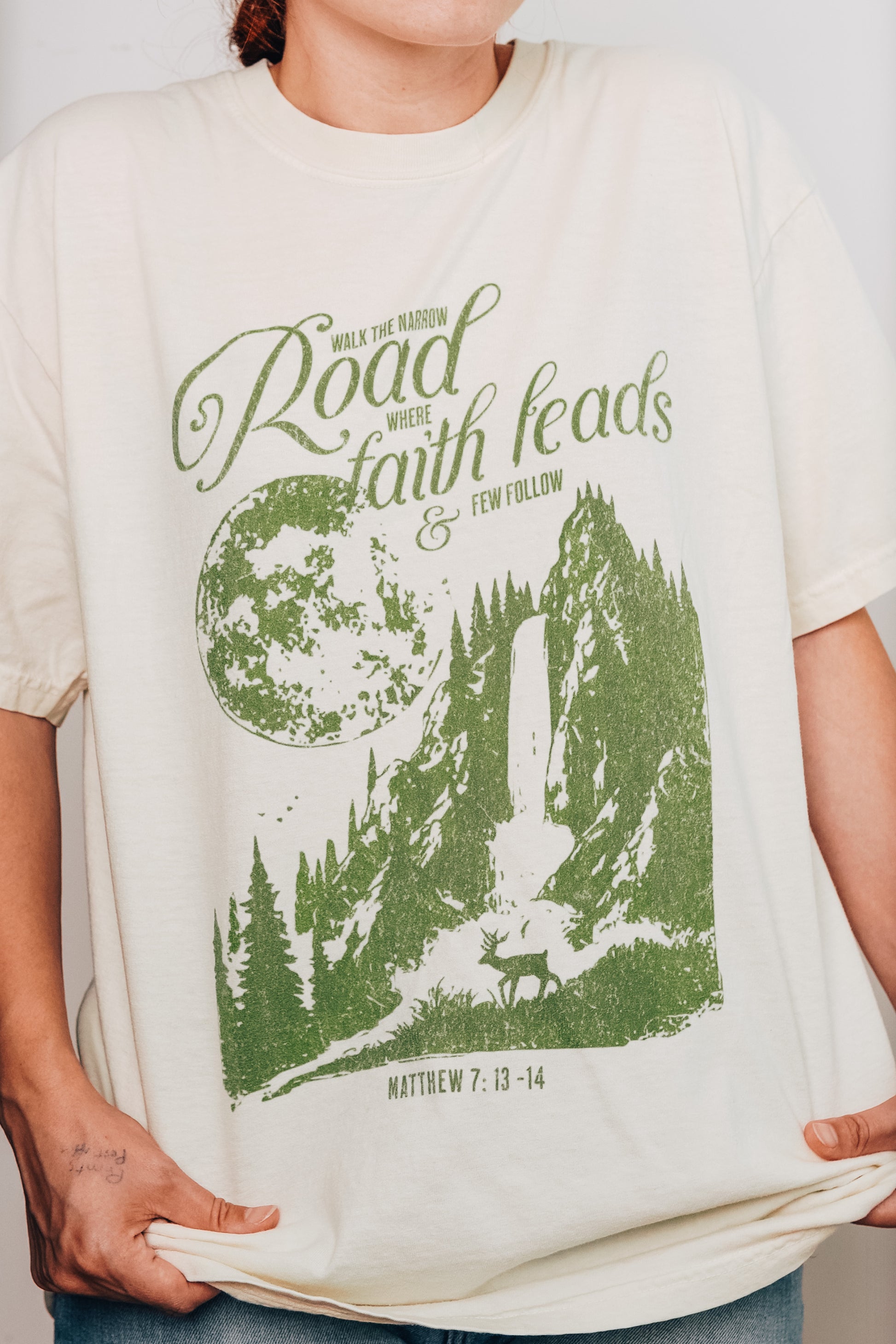 Model wearing Road Less Traveled t-shirt SaltWear Collective